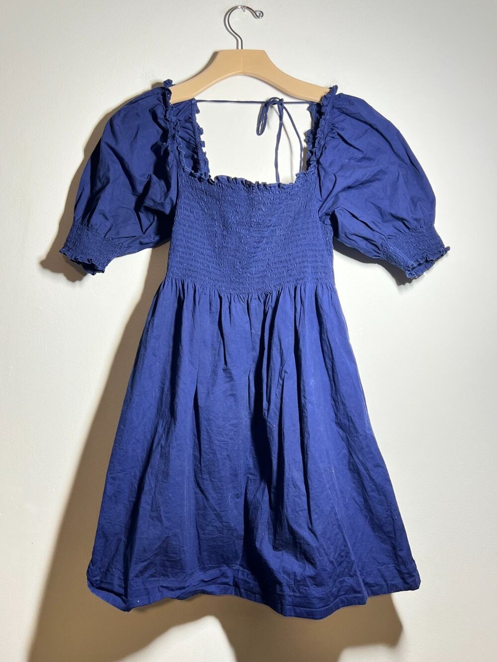 Hill House Home EUC Navy Blue Cotton Poplin The Nap Dress Smocked Short Slv XS